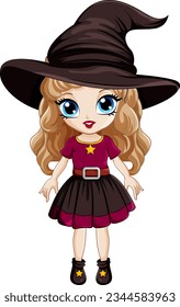 Cartoon witch wearing a big hat illustration