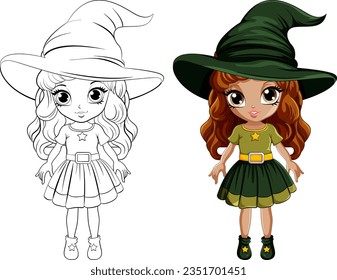 Cartoon witch wearing a big hat its doodle coloring illustration