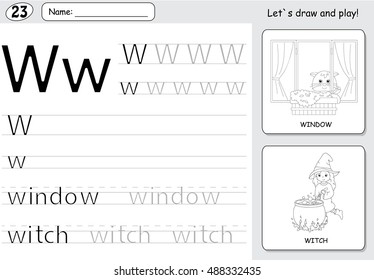 Cartoon witch and window. Alphabet tracing worksheet: writing A-Z, coloring book and educational game for kids