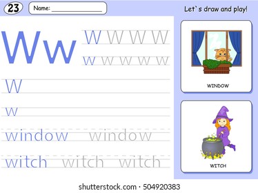 Cartoon witch and window. Alphabet tracing worksheet: writing A-Z, coloring book and educational game for kids