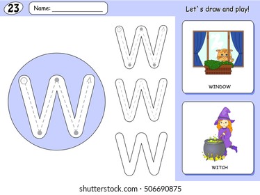 Cartoon witch and window. Alphabet tracing worksheet: writing A-Z, coloring book and educational game for kids