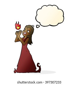 cartoon witch woman casting spell with thought bubble