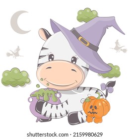 Cartoon witch zebra with pumpkin. Vector illustration of Halloween animal. Cute little illustration Halloween zebra for kids, fairy tales, covers, baby shower, textile t-shirt, baby book.