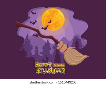 Cartoon witche broom and full moon night background. Concept cartoon Halloween day elements. Vector clipart illustration for holiday cards and banners