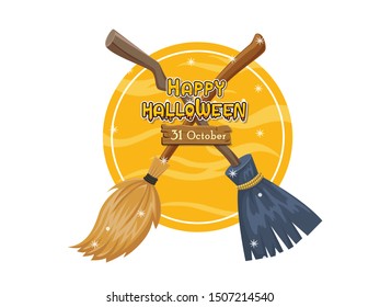 Cartoon witche brooms. Concept cartoon elements brooms cross . Vector clipart illustration