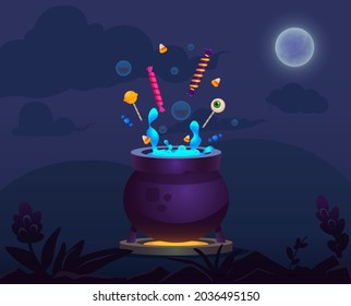 Cartoon Witcher pot with magical liquid and candies. Halloween items on night background
