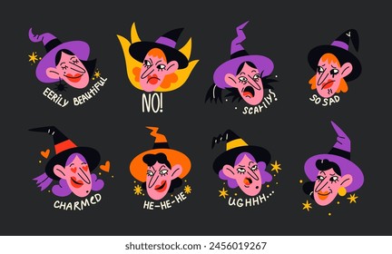 Cartoon witches in 90s Halloween hats. Witches' faces with different emotions. Scary stickers in cartoon retro style.