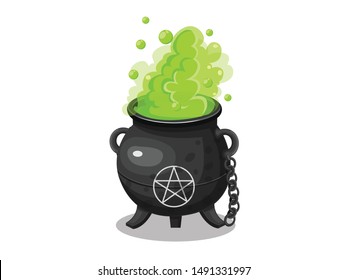 Cartoon witches cauldron. Concept cartoon witches cauldron for halloween of magic, witchcraft, boiling potions. Vector clipart illustration isolated on white background