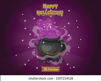 Cartoon witches cauldron. Concept cartoon Halloween elements of magic, witchcraft, boiling potions. Vector clipart illustration isolated on color background