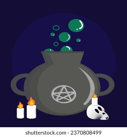 Cartoon witches cauldron. Concept cartoon witches cauldron for halloween of magic, witchcraft, boiling potions. 