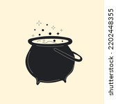 Cartoon witches cauldron with potion, bubbles , witchcraft, boiling potions. Symbol of Halloween 
