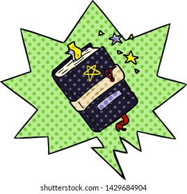 cartoon witch's book of spells with speech bubble in comic book style