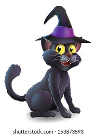 A cartoon witch's familiar black cat wearing a pointy witch's hat ready for Halloween