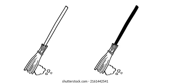 Cartoon witch's or Witchcraft wooden broom. Vector Brooms logo or symbol. Broom for cleaning, cleanup the floor, wc, restroom or bathroom pictogram. Sweepier, cleaning service. Cleaner tools. 