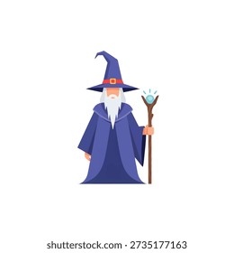 Cartoon wizard with blue robe and hat holding magical staff