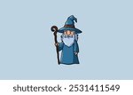 Cartoon wizard in blue robes holding a staff, smiling.