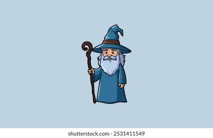 Cartoon wizard in blue robes holding a staff, smiling.