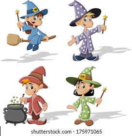 Cartoon wizard boys and witch girls. Halloween costume. 