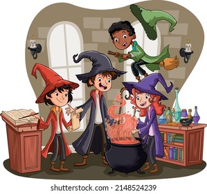 Cartoon wizard boys and witch girls working on witchcraft potion. Halloween costume.
