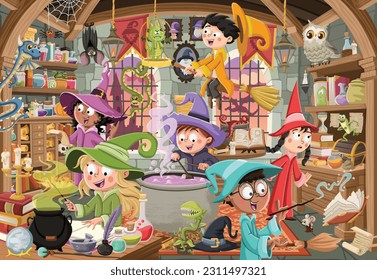 Cartoon wizard boys and witch girls working on witchcraft and potions. Halloween costume.