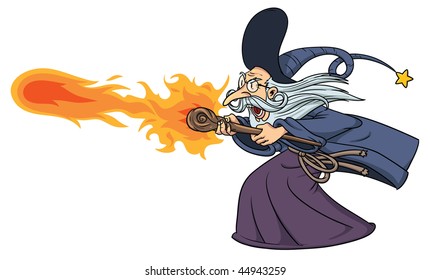 Cartoon wizard casting a fire spell. Wizard and fire on separate layers for easy editing.