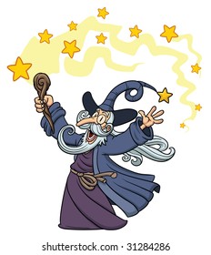 Cartoon wizard casting a spell. Character,stars and "magic spell! on different layers for easy editing.