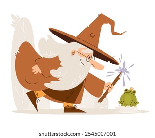 Cartoon Wizard Casting Spell on Frog. Whimsical cartoon of a wizard with a wand casting a spell on a small frog with a crown, set against a simple background.