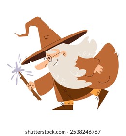 Cartoon Wizard Casting Spell with Wand. Playful cartoon of a bearded wizard in a pointed hat casting a spell with a wand, mid-step and smiling, on a white background.