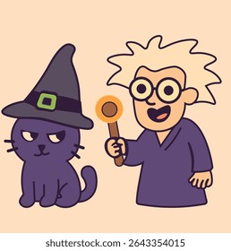 Cartoon Wizard and Cat Halloween Characters