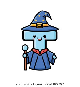 Cartoon wizard character in blue attire with magic wand