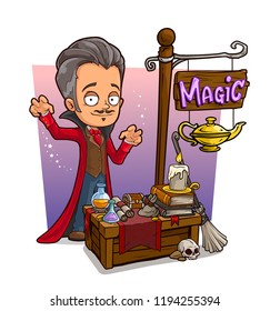 Cartoon wizard character in cape and magic vendor booth or shop market with text sign. Vector icon for game.