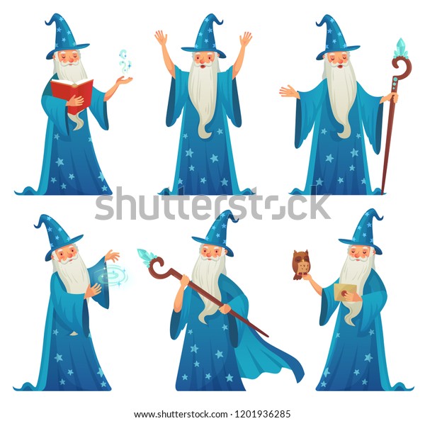 Cartoon\
wizard character. Old witch man in wizards robe, magician warlock\
and magic medieval spelling sorcerer merlin, male witchcraft in hat\
and mantle Mystery isolated vector icons\
set