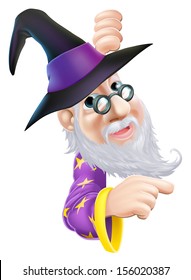 A cartoon wizard character peeping round a sign or banner and pointing