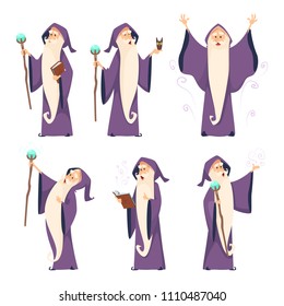 Cartoon wizard character in various poses. Magician sorcerer with wand, witchcraft and spell, vector illustration