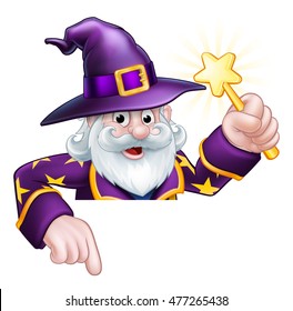 A cartoon wizard Halloween character holding a magic wand peeping over a sign and pointing 