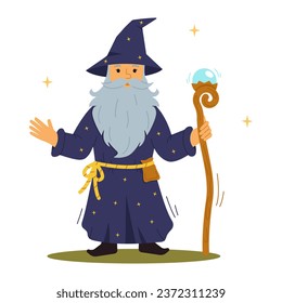 Cartoon wizard in a hat and with a magic stick. Vector illustration