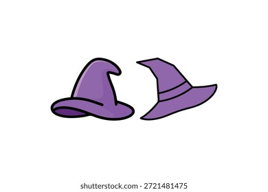 Sombreros del mago de la historieta fijados con tema mágico - sombreros de bruja puntiagudos púrpuras dibujados a mano para diseños