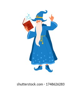 Cartoon wizard hold book reading magic spell vector flat illustration. Funny old mystery wizard making enchantment isolated on white background. Cute mage character with beard pronounce conjure