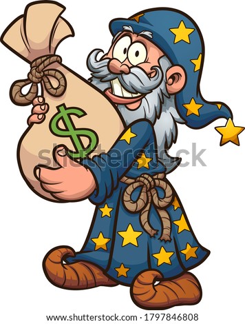  Cartoon wizard holding a big bag of money. Vector clip art illustration. All on a single layer.
