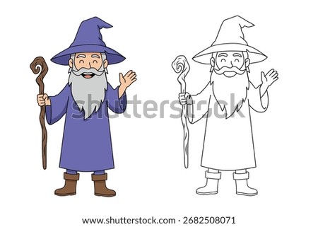 Cartoon wizard holding a magic staff, with colored and outline versions. Fantasy character illustration for children’s book, coloring page, or magical design theme