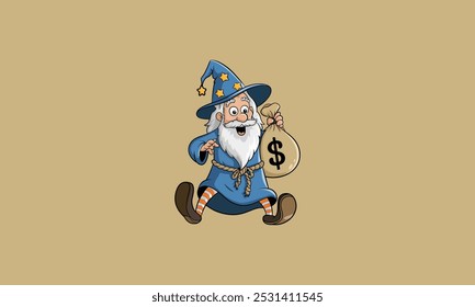 Cartoon wizard holding a money bag and smiling happily.