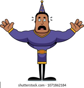 A cartoon wizard looking scared.