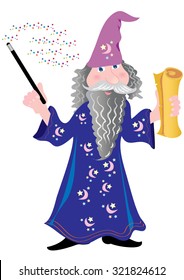 A cartoon wizard with a magic wand and a magic scroll