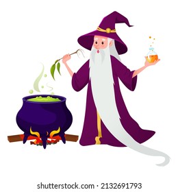 Cartoon wizard. A magical character with a long gray beard and a hat. An old man cooks a potion in a cauldron isolated on a white background.