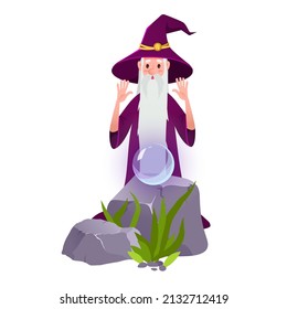 Cartoon wizard. A magical character with a long gray beard and a hat. An old man looks into a magic ball isolated on a white background.