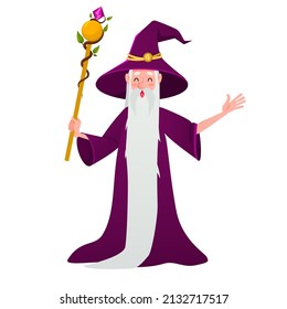 Cartoon wizard. A magical character with a long gray beard and a hat. An old man with magic staff isolated on a white background.