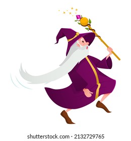 Cartoon wizard. A magical character with a long gray beard and a hat.An old man runs with a magic staff isolated on a white background.