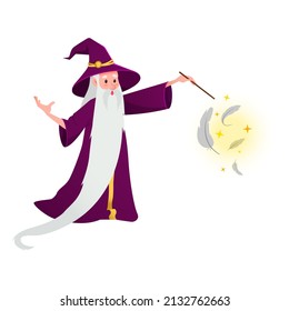 Cartoon wizard. A magical character with a long gray beard and a hat. An old man with the magic wand isolated on a white background.