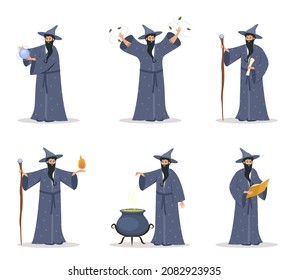 Cartoon wizard. Magician old characters with beard wear long robes and pointed hats. ystery fantasy witchcraft, magic Merlin spells