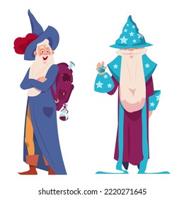 Cartoon Wizard. Old Man In Robe Costume And Hat With Beard, Magic Spells In Bag, Halloween Magical Character. Magician Sorcerer, Witchcraft Vector Cartoon Flat Style Isolated Illustration